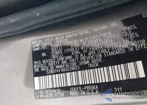 2006 Toyota Tundra Sr5 V8 from USA, damaged, VIN 5TBDT44166S528823